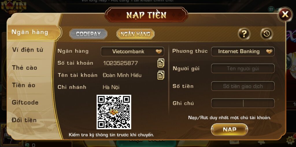 Nạp Tiền Qua Ngân Hàng